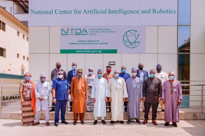 Director General, NITDA, Mal. Kashifu Inuwa Abdullah with Vice Chancellor, Federal University Minna and management of both organizations during a courtesy visit to National Centre for Artificial intelligence and Robotics, NCAIR, Wuye, Abuja