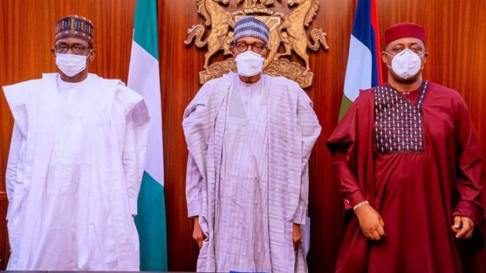 L-R, Femi Fani Kayode with President Muhammad Buhari and other APC stakeholders at Presidential Villa, abuja