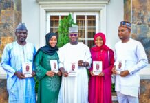Female Journalists Unveil Book on Yahaya Bello at 47th Birthday Celebration L-R: Publisher of PR Nigeria, Alhaji Yushau Shuaib, Governor Yahaya Bello of Kogi State and IMPR Staff