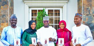Female Journalists Unveil Book on Yahaya Bello at 47th Birthday Celebration L-R: Publisher of PR Nigeria, Alhaji Yushau Shuaib, Governor Yahaya Bello of Kogi State and IMPR Staff