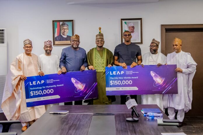 Minister of Communications and Digital Economy, Prof. Isa Ali Ibrahim Pantami, Kashifu Inuwa Abdullahi, Prof Abubakar Mohammed with Global Winners of the LEAP 2023 Rocket Fuel Pitch Startup Competition