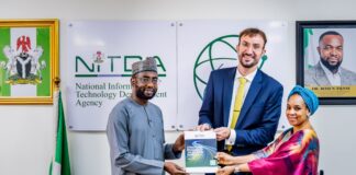 Improving Cross-Border Data Services By Shuaib S. Agaka DG NITDA, Kashifu Inuwa, CCIE presenting a copy of agency’s SRAP 2024-2027 to representatives of Workd Bank and World Trade Organisation, Washington DC Office, Aleksandar Stojanor and Dr. Maryam Lawal for the Digital trade engagement.