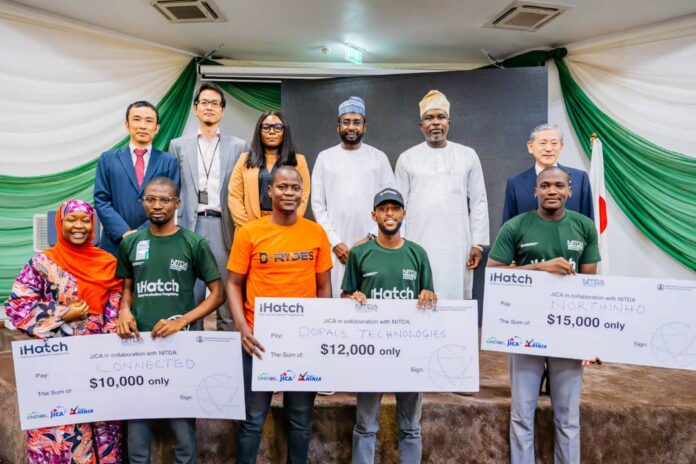 Group of photograph of DG NITDA Kashifu Inuwa Abdullahi, Japan Ambassador to Nigeria with Winners of iHATC Cohort 3 Competition