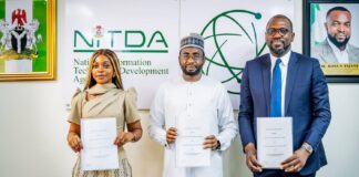 NITDA, Flutterwave, Alami Sign MoU to Accelerate Nigeria’s Digital Transformation DG NITDA, Kashifu Inuwa Abdullahi( Middle) with Olugbenga Agboola( Right) and Olu White (Left)